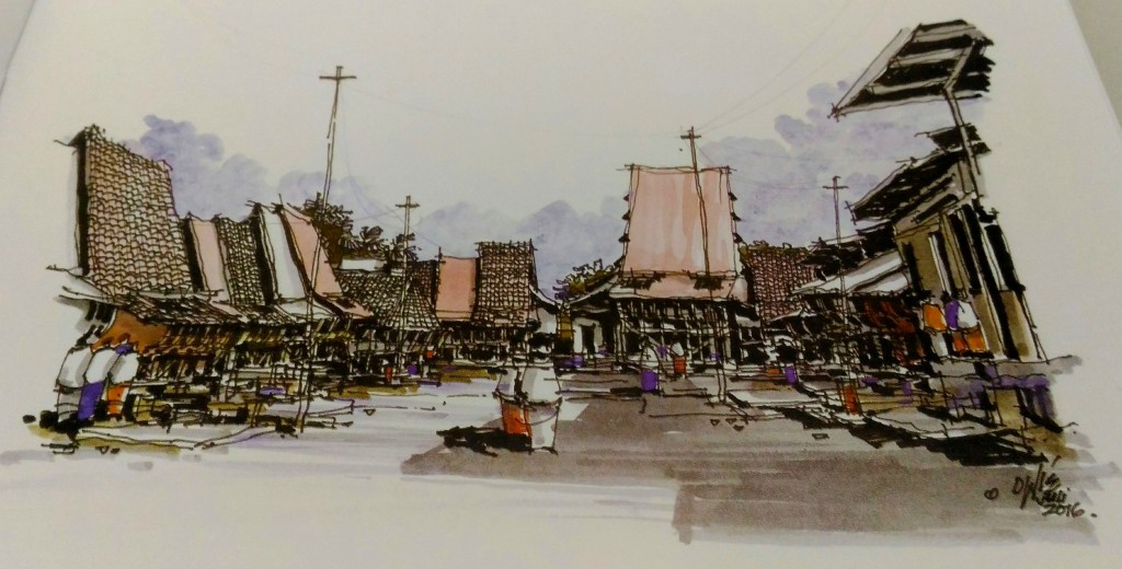 Bawömataluo dalam sketsa | Repro dari Buku “Nias (Bawömataluo Village) in Sketches” karya Gagoek Hardiman & Agung Dwiyanto | Diolah Redaksi Nias Satu